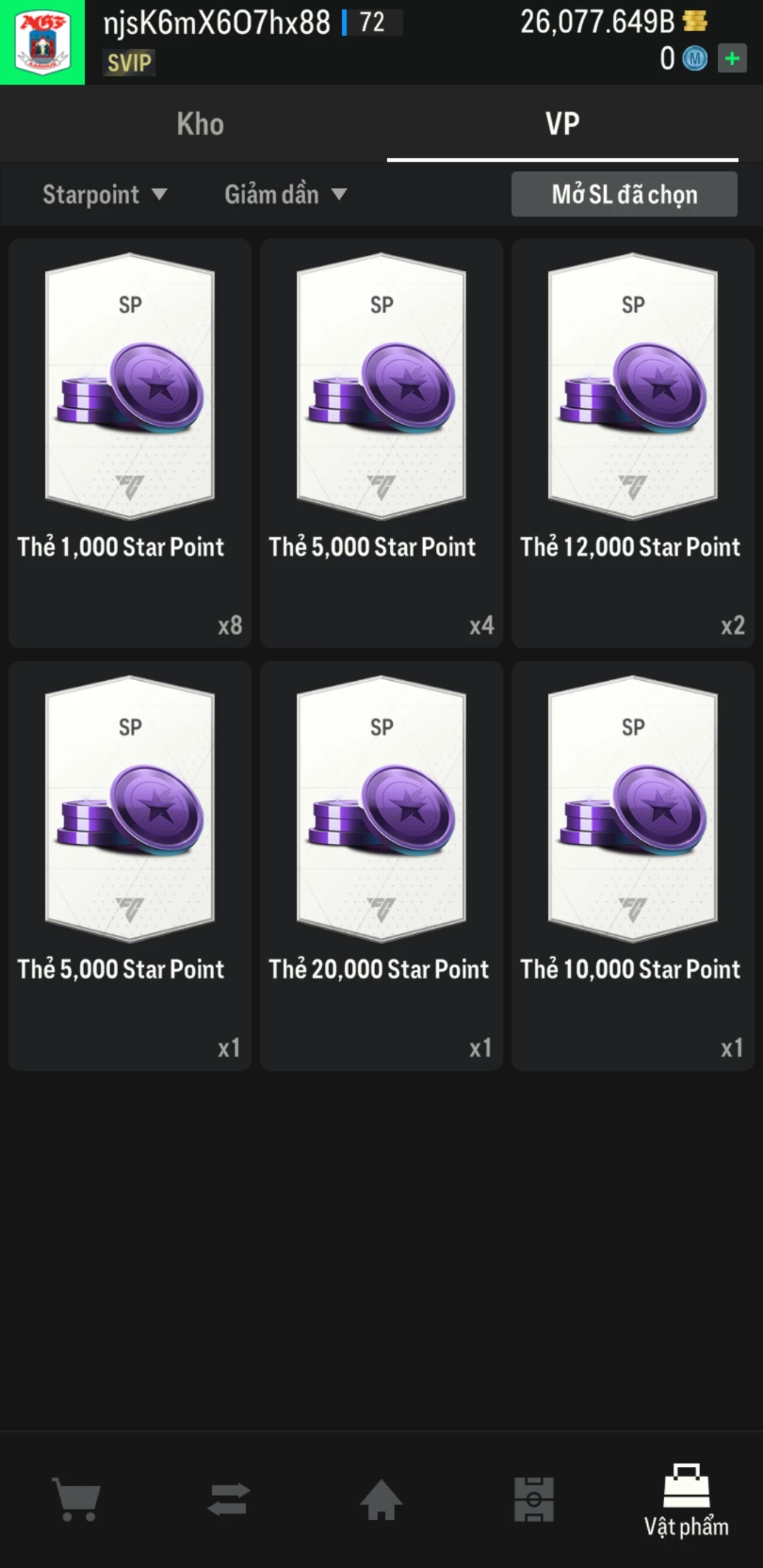 Ảnh ACC mở thẻ (LOẠI SVIP) bao gồm 1 gói thẻ +12 và 500+ đến 600+ thẻ cầu thủ từ Siêu sao đến Miền núi các loại. Có sẵn BP trắng trong acc từ 18.000 tỷ BP đến 26.000 tỷ BP, kèm theo nhiều ngày SVIP